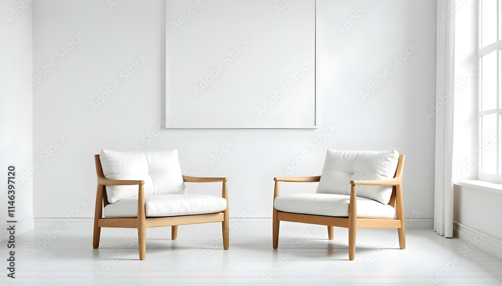 Two wooden armchairs with white cushions in a minimalist room with white walls and empty picture frames Two wooden armchairs with white cushions in a minimalist room with white walls and empty picture frames