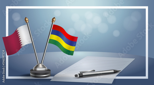 Qatar and Mauritius National flags on small table with bokeh background, cooperative relationship