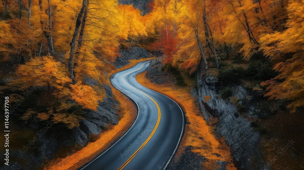 Naklejka premium Autumn forest with tress having colorful leaves and a wide path to travel