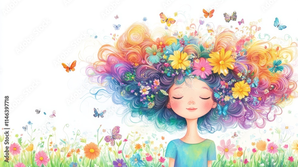 Whimsical Cartoon Girl with Vibrant Colorful Hair and Fantasy Elements – Children’s Illustration Whimsical Cartoon Girl with Vibrant Colorful Hair and Fantasy Elements – Children’s Illustration
