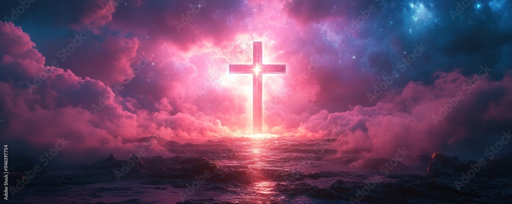 Fototapeta premium Glowing cross over celestial landscape.