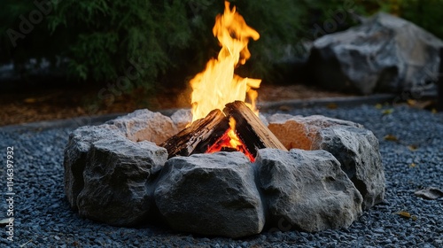 A rugged, primitive fire pit constructed from jagged, weathered stones, with an intense, flickering flame burning at its center, casting a warm, ambient glow.