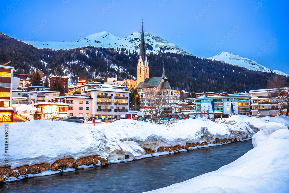 Idyllic mountain town of Davos in Swiss Alps evening view, luxury ski destination