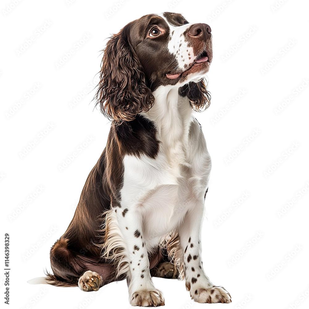 Angled view full body shot of an extremely perfect looking single English Springer Spaniel isolated on a white transparent background Angled view full body shot of an extremely perfect looking single English Springer Spaniel isolated on a white transparent background