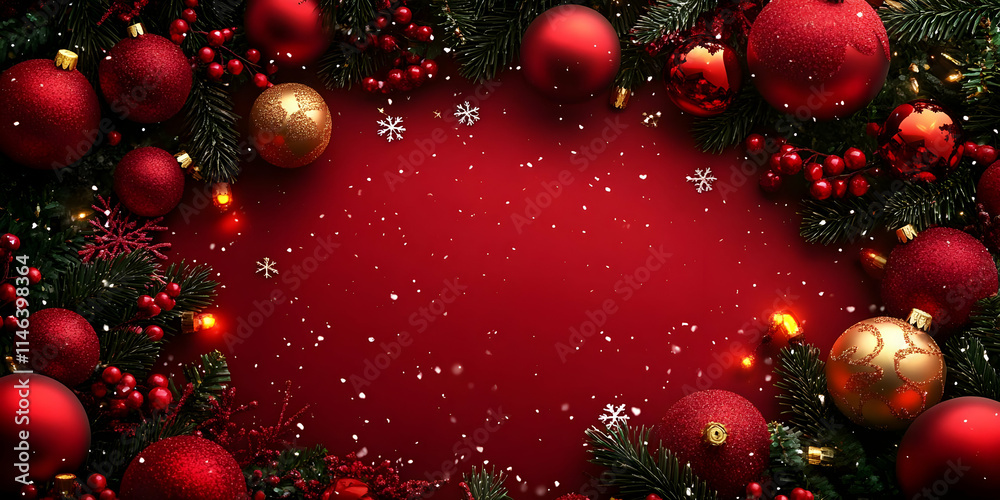 Red & Gold Ornaments Decorate Festive Winter Scene Red & Gold Ornaments Decorate Festive Winter Scene