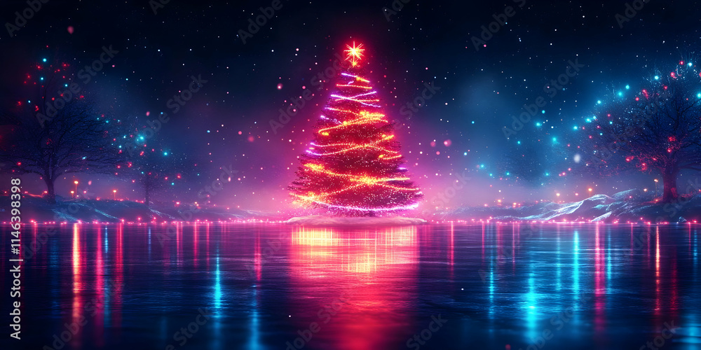 Naklejka premium Neon Lights Reflect on Frozen Lake, Festive Christmas Tree Glows Brightly