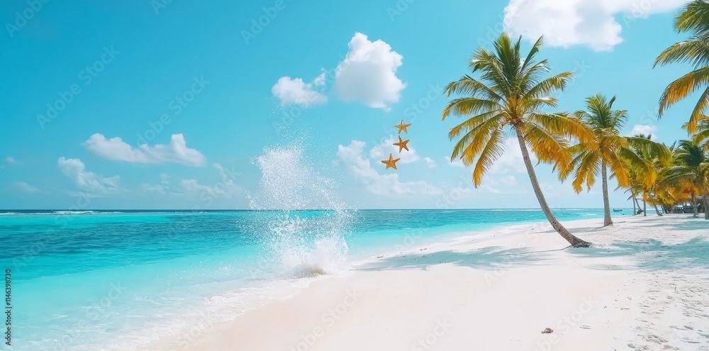 A tropical coastline featuring palm trees and pristine turquoise waters. A tropical coastline featuring palm trees and pristine turquoise waters.