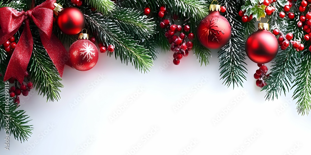 Festive Red Ornaments & Evergreen Boughs Decorated with Snow