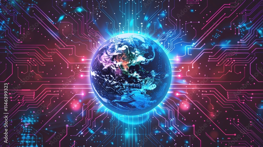 Obraz premium Glowing Earth encircled by circuit board, representing global digital network.