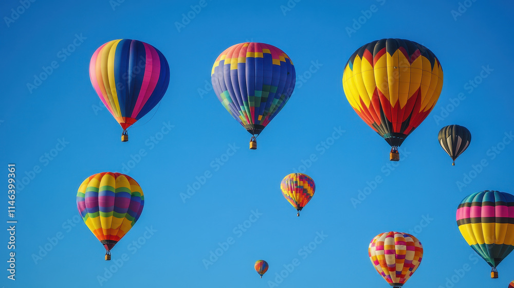 Vibrant Hot Air Balloons Soaring in a Clear Blue Sky A Spectacular Aerial View Vibrant Hot Air Balloons Soaring in a Clear Blue Sky A Spectacular Aerial View