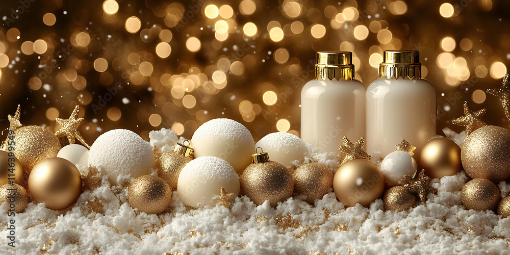Fototapeta premium Winter Festive Decor: Gold & White Ornaments, Sparkling Lights