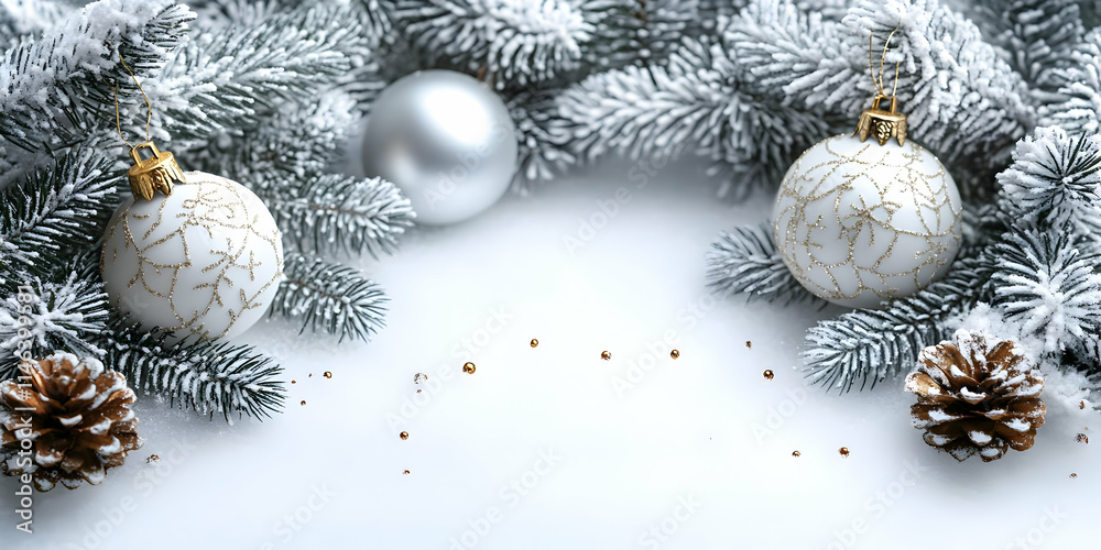Winter Holiday Decorations: Festive Ornaments & Snow-Covered Branches Winter Holiday Decorations: Festive Ornaments & Snow-Covered Branches