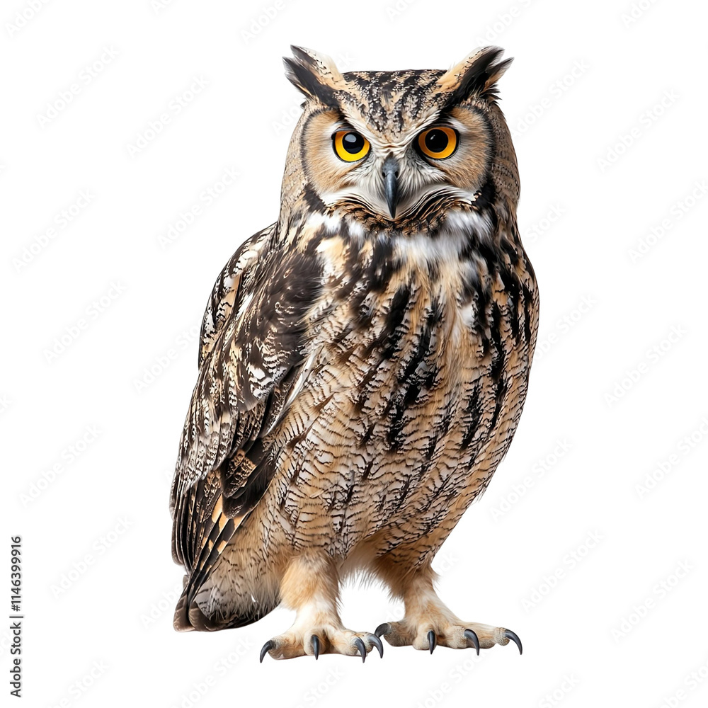 Fototapeta premium Angled view full body shot of an extremely perfect looking single Eurasian Eagle-owl isolated on a white transparent background