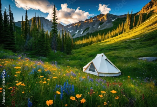 vibrant dynamic tent setup surrounded expansive scenic wilderness majestic natural landscapes lush greenery clear blue skies, adventure, camping photo