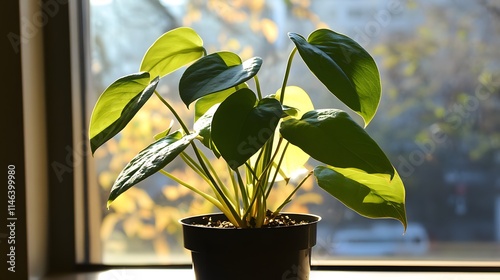 A new houseplant on a windowsill catching morning light symbolizing a fresh addition to life photo