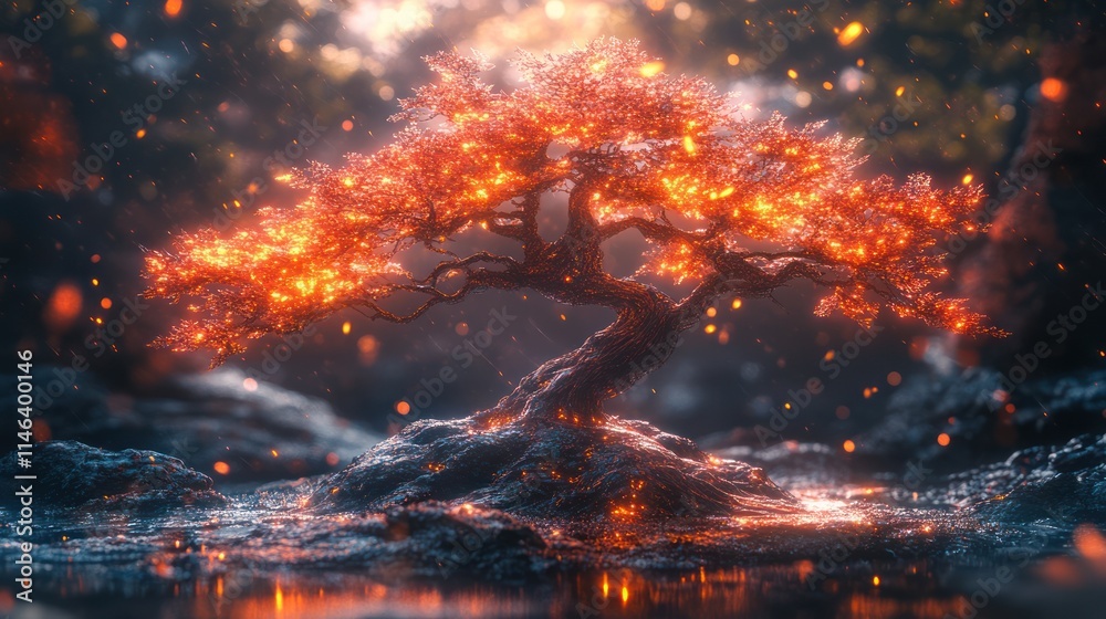 Glowing fiery bonsai tree in mystical forest scene. Glowing fiery bonsai tree in mystical forest scene.
