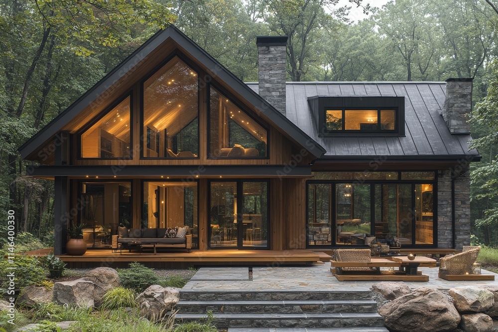 Modern A-frame house in a forest setting with stone and wood accents Modern A-frame house in a forest setting with stone and wood accents