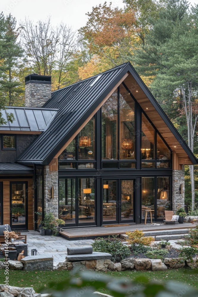 Modern A-frame house with black metal details in a forested setting Modern A-frame house with black metal details in a forested setting