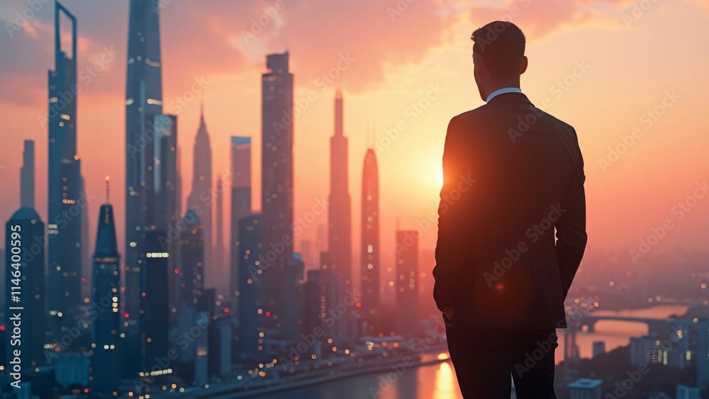 Silhouette of a business team standing in front of a futuristic city skyline at sunset Silhouette of a business team standing in front of a futuristic city skyline at sunset