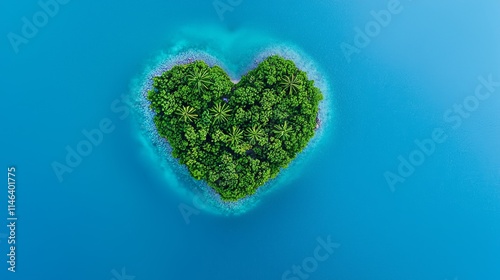 A turquoise sea cradles a heart-shaped tropical island, ideal for romantic retreats.