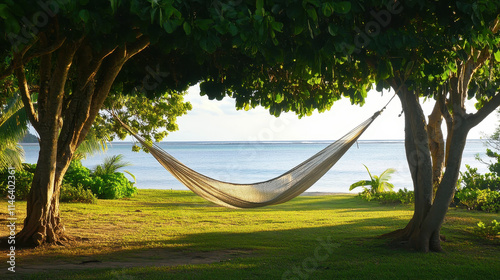 Relaxing hammock under shady trees near a tropical beach