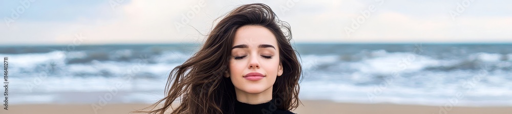 A tranquil woman meditates on the ocean shore with her eyes closed, representing wellness and mental well-being. A tranquil woman meditates on the ocean shore with her eyes closed, representing wellness and mental well-being.