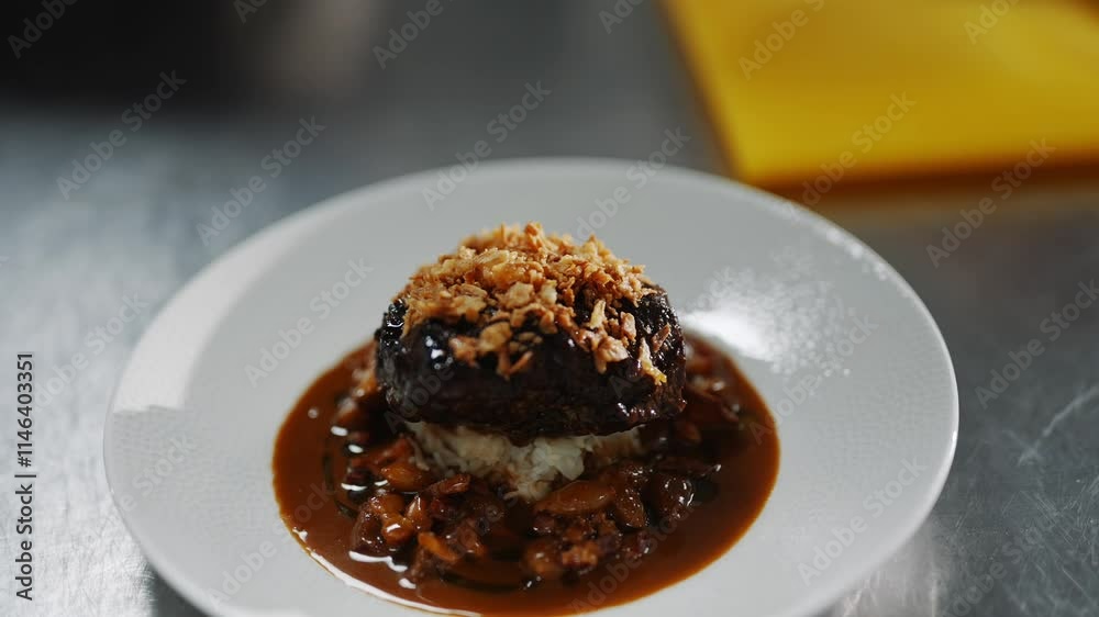 A plate of food with a meat dish and mashed potatoes. The dish is topped with nuts and gravy A plate of food with a meat dish and mashed potatoes. The dish is topped with nuts and gravy