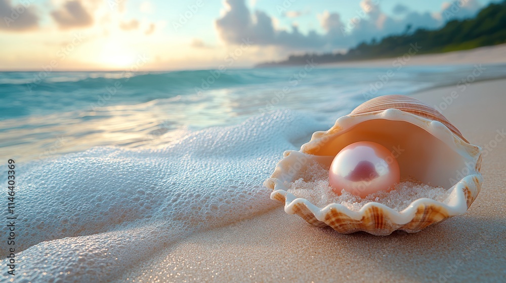 Pink pearl in seashell on beach at sunrise. Pink pearl in seashell on beach at sunrise.