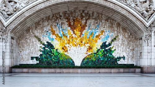 A colorful mosaic mural depicting a stylized plant or fountain is set under a large stone archway on an outdoor plaza.