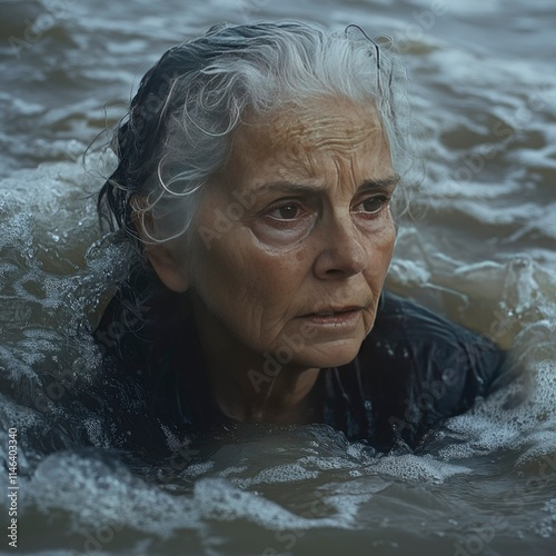 Elderly Woman Struggling in Rough Water, Climate Change and Survival