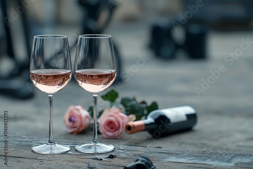 On a romantic table decorated with fresh flowers, two sophisticated wine glasses are placed, making it perfect for a Valentine's Day celebration. photo