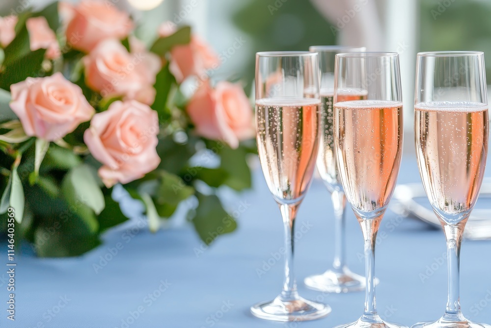 On a beautifully decorated table with fresh roses, two elegant champagne glasses await, perfect for a romantic Valentine's Day celebration. On a beautifully decorated table with fresh roses, two elegant champagne glasses await, perfect for a romantic Valentine's Day celebration.