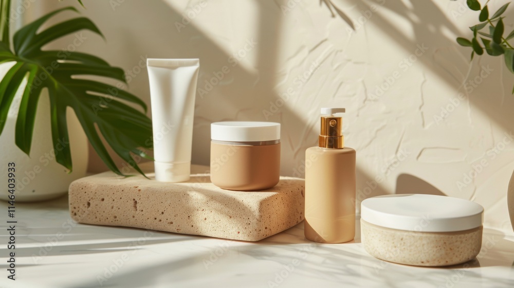 Skincare products on a stone platform with soft shadows Skincare products on a stone platform with soft shadows