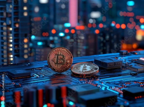 A close-up of a golden Bitcoin, glowing vibrantly against a dark, futuristic electronic circuit background, emblematic of blockchain technology and digital currency advancements.