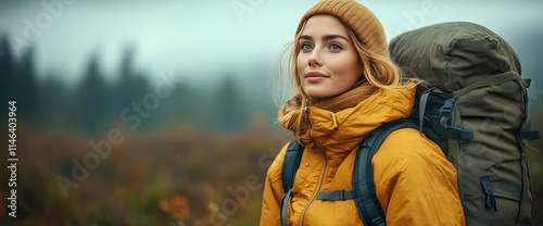 Adventurous Woman with Backpack in Misty Forest