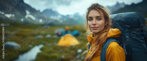 Adventurous Young Woman with Backpack in Mountain Landscape