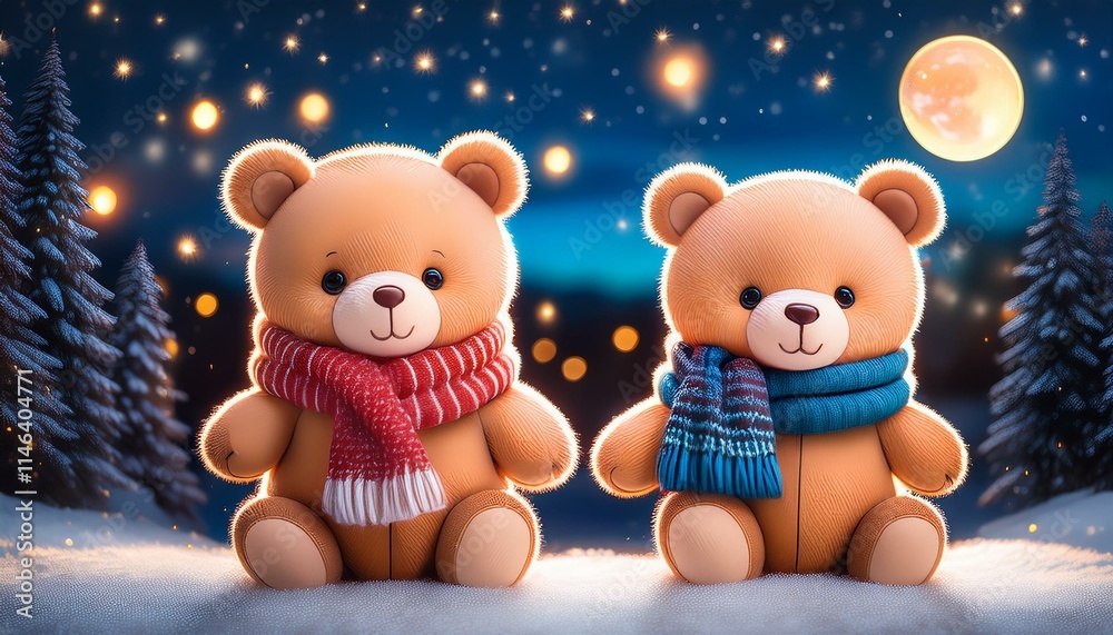 温かそうなマフラーを巻いた可愛いクマのむいぐるみのカップル、夜の寒そうな背景、キュートなアクセント、イラスト風に仕上げる Generated by AI 温かそうなマフラーを巻いた可愛いクマのむいぐるみのカップル、夜の寒そうな背景、キュートなアクセント、イラスト風に仕上げる Generated by AI