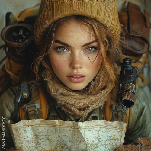 Young Adventurous Woman with Map and Backpack
