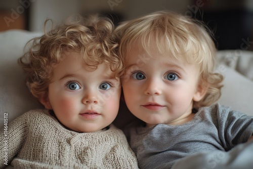 Two adorable toddlers relaxing together on comfortable couch