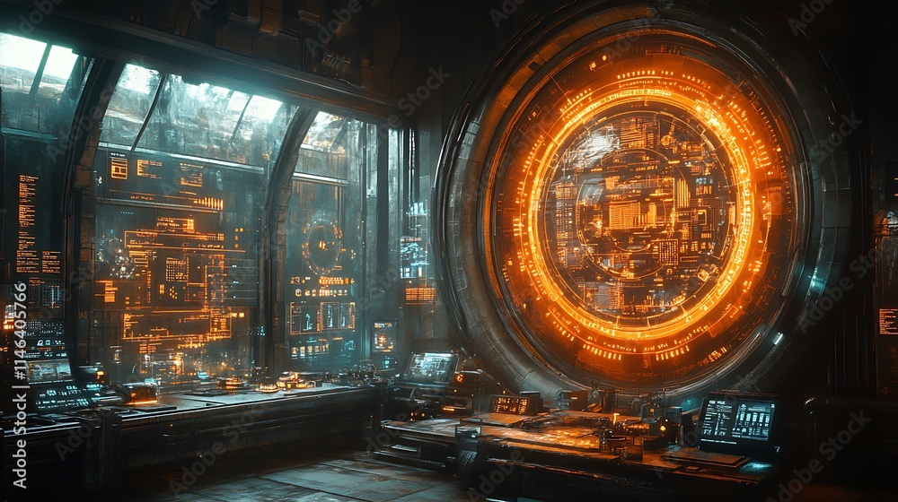 Obraz premium Futuristic Control Room with Orange Interface Displays