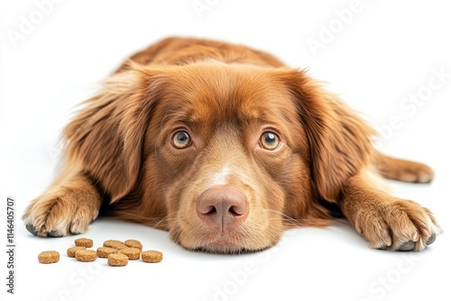 Adorable brown dog lying on white background waiting for food