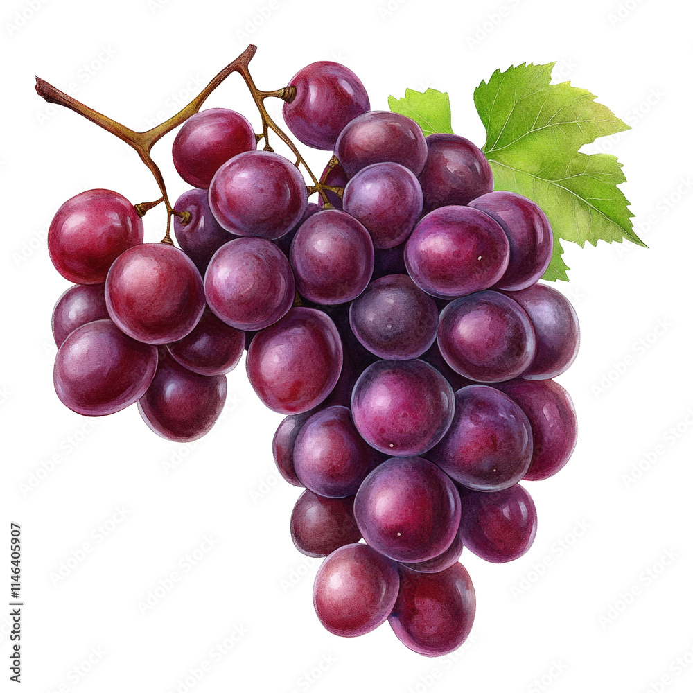 Fototapeta premium A vibrant cluster of purple grapes with green leaves ideal for promoting fresh produce isolated on transparency PNG background, vineyard products, health, or lifestyle content