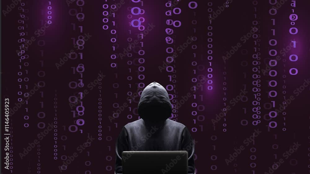 Silhouette noire centrée du cybercriminel devant son écran d'ordinateur portable sur fond de données binaires animées couleur violettes