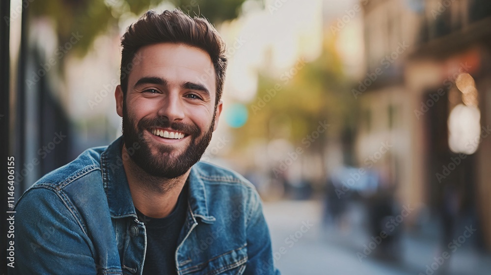 Happy young man with beard smiling in urban city during daytime Happy young man with beard smiling in urban city during daytime