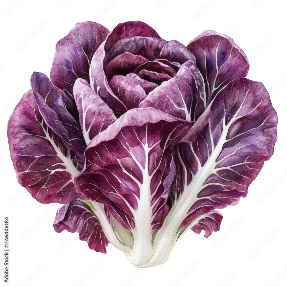 Obraz premium A vibrant image of a fresh radicchio with deep purple leaves and white veins isolated on transparency PNG background, perfect for culinary articles, health blogs, or food magazines