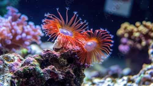 Bright coral colonies with feather duster worms extending their tentacles. photo