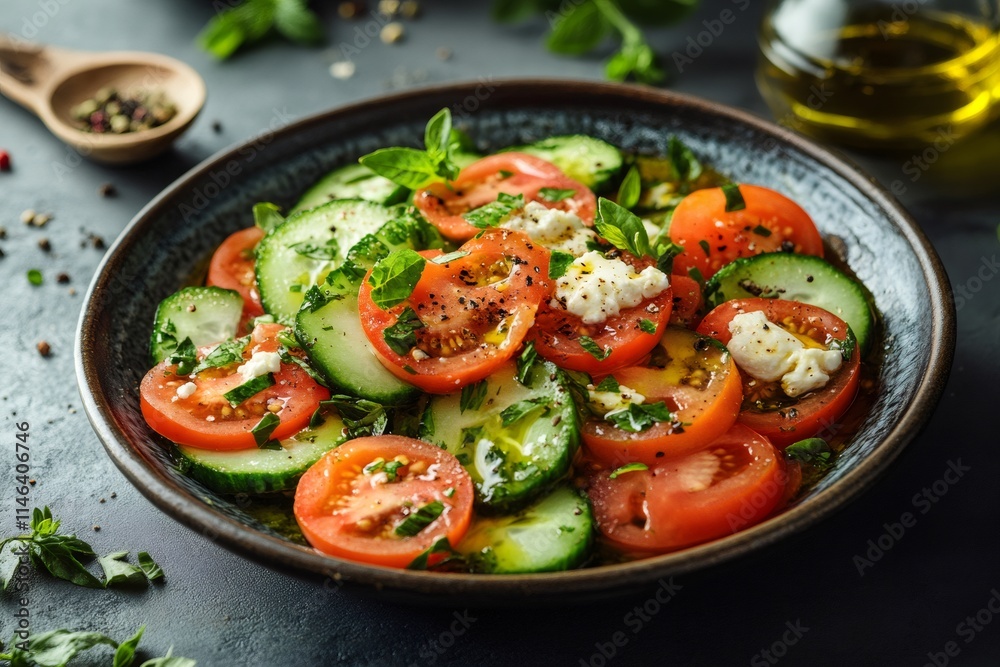 Sliced tomatoes and cucumber salad with feta and basil in rustic bowl Sliced tomatoes and cucumber salad with feta and basil in rustic bowl