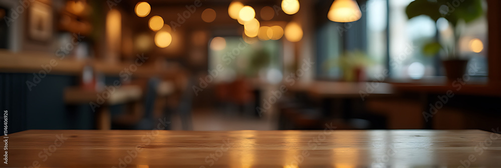 A wooden table sits empty on a blurred café background, almost invisible in the dim lighting of the restaurant._00003_ A wooden table sits empty on a blurred café background, almost invisible in the dim lighting of the restaurant._00003_
