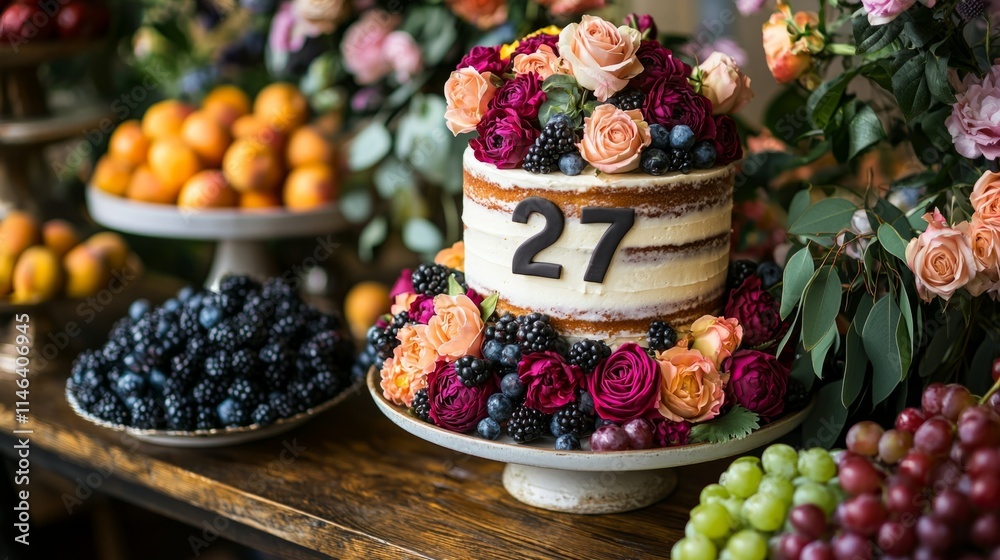 A cake with the number 27 on it is on a table with fruit A cake with the number 27 on it is on a table with fruit