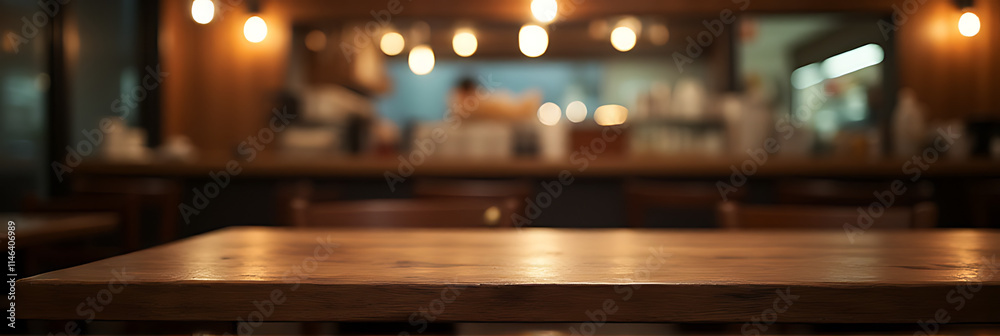 A wooden table sits empty on a blurred café background, almost invisible in the dim lighting of the restaurant._00002_ A wooden table sits empty on a blurred café background, almost invisible in the dim lighting of the restaurant._00002_